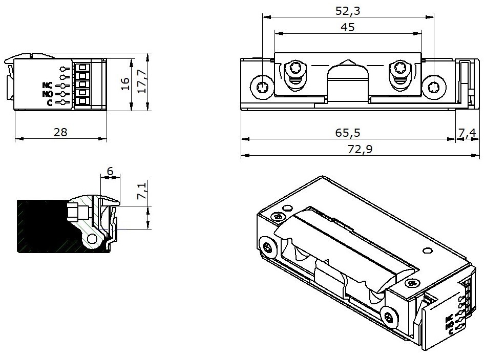 OPENERS & CLOSERS Elektro-Türöffner,Mit elektronischer Schutzdiode 5U8X10 DC, B 16, H 72,9, T 28 Produktbild img5 L