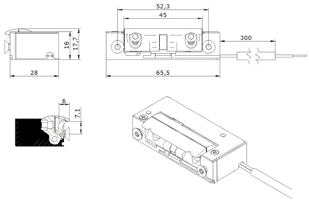 OPENERS & CLOSERS Elektro-Türöffner,mit Arretierung 5UW2X10 AC/DC, B 16, H 65,5, T 28 Produktbild img5 L