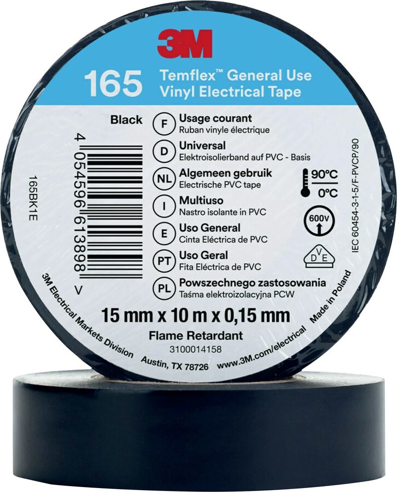 3M Temflex 165 Vinyl-Isolierband Schwarz 15mm x 10 m Produktbild img1 L