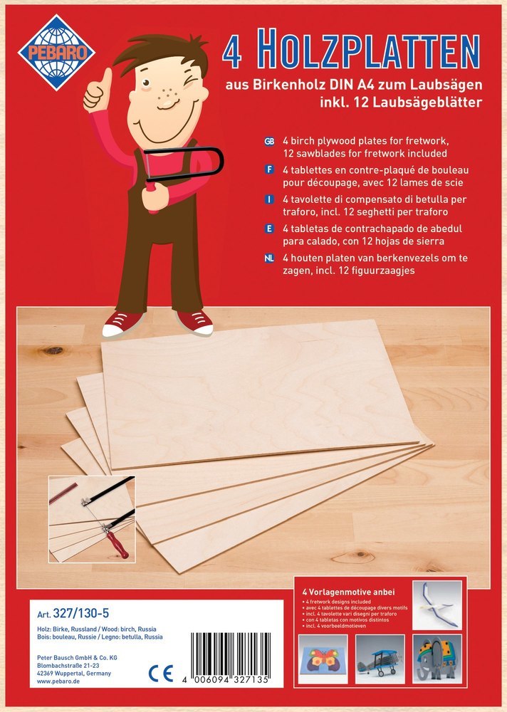 PETER BAUSCH Holzplatten Birke DinA4 m.12 Laubsägebl. Bausch Produktbild img1 L