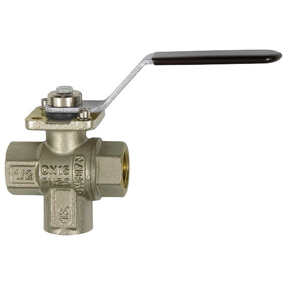 RIEGLER 3-Wege-Kugelhahn, Messing vernickelt, Anschluss unten, L-Bohrung, Rp 2" Produktbild img1 L