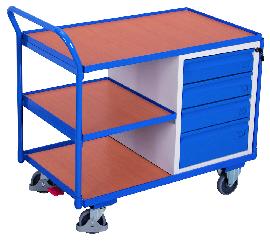 VarioFit Tischwagen 250kg B1125xT625xH1010mm RAL 7035/5010 4 Schubladen,3Ladeflächen Produktbild