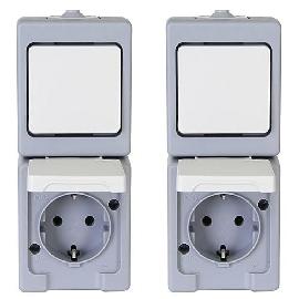 Kopp Kombination AP / FR Universalschalter mit Schutzkontakt-Steckdose grau/weiss Produktbild