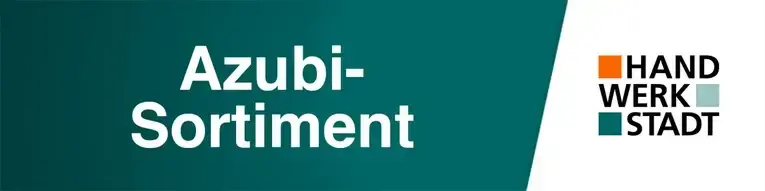 Links steht der Schriftzug Azubi-Sortiment in weißer Schrift auf einem grünen Hintergrund. Rechts ist das Logo von Hand Werk Stadt zu sehen, bestehend aus einem Schriftzug mit farbigen Quadraten in Orange, Grün und Türkis.