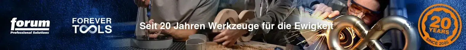 Links steht das Logo von forum Professional Solutions, daneben der Schriftzug FOREVER TOOLS mit einem Unendlichkeitszeichen. Rechts ist ein goldenes Unendlichkeitszeichen zu sehen, das bearbeitet wird, sowie ein orangefarbenes Siegel mit der Aufschrift 20 YEARS SINCE 2005. In der Mitte steht der Text: Seit 20 Jahren Werkzeuge für die Ewigkeit.