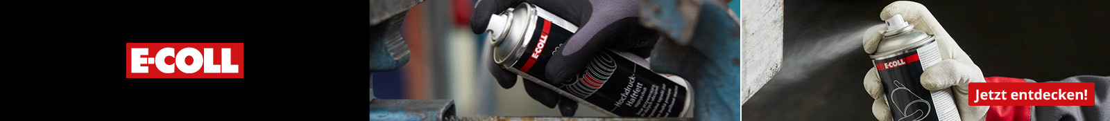 E-COLL Sprühdose im Einsatz bei Wartungsarbeiten, Produkt wird auf Metallteil aufgesprüht