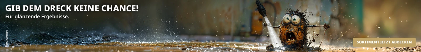 Aktion "Gibt dem Dreck keine Chance! Für glänzende Ergebnisse." Im Hintergrund ein Schmutzteufel. Unten rechts ein Button "Sortiment jetzt abdecken".