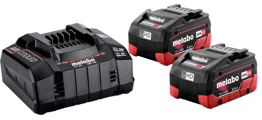 Akku-Starter Set LiHD 18,0 V 2 x 5,5 Ah Metabo Ladegerät ASC 145 metaBOX Produktbild img1 L