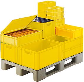 Transport-Stapelkasten, Wände und Boden geschlossen, mit und ohne Grifflochung, gelb Produktbild img1 L