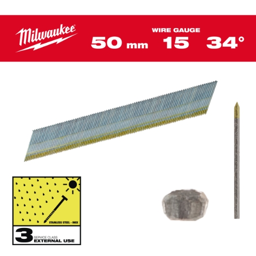 Milwaukee Stift-Nägel D-Kopf 15 Gauge für M18CN15G 1,8 x 50 mm Edelstahl, 34° Produktbild img1 L