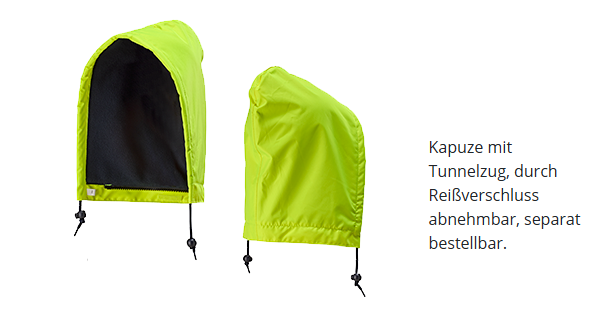 Abbildung der FORTIS Warnschutzjacke Blouson Tom. Leuchtend gelbe Kapuze mit Tunnelzug, von innen dunkel gefüttert. Die Kapuze ist durch einen Reißverschluss abnehmbar und kann separat bestellt werden. Zwei Ansichten: einmal von vorn und einmal von der Seite.