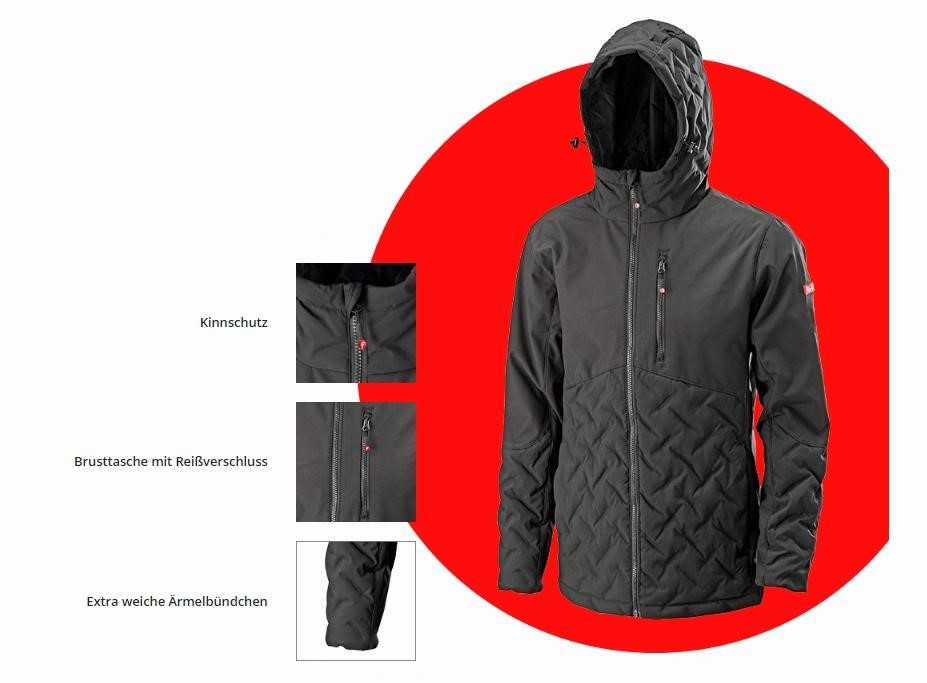 Abbildung der FORTIS Steppjacke Ben. Die Jacke verfügt über einen Kinnschutz, eine Brusttasche mit Reißverschluss und extra weiche Ärmelbündchen, die jeweils in Detailausschnitten hervorgehoben sind.