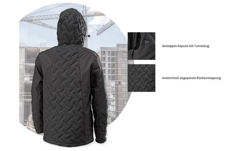 Abbildung der FORTIS Steppjacke Ben. Detailausschnitte heben die gesteppte Kapuze mit Tunnelzug und die anatomisch angepasste Rückensteppung hervor.