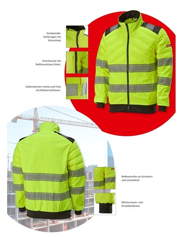 Abbildung der FORTIS Warnschutzjacke Blouson Tom. Leuchtend gelbe Warnschutzjacke mit reflektierenden Streifen an Schultern, Ärmeln und rund um den Körper, Vorder- und Rückansicht. Die Jacke hat einen schützenden Stehkragen mit Kinnschutz, eine Innentasche mit Reißverschluss auf der linken Seite sowie Außentaschen rechts und links mit Reißverschlüssen. Weiche Saum- und Ärmelbündchen sorgen für Komfort. Detailbilder zeigen die jeweiligen Ausstattungsmerkmale. Ideal für den Einsatz auf Baustellen oder in Bereichen mit hoher Sichtbarkeit.