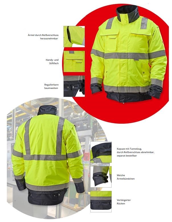 Abbildung der FORTIS Warnschutzjacke Blouson Tom. Warnschutzjacke in leuchtendem Gelb mit reflektierenden Streifen, Vorder- und Rückansicht. Die Jacke hat herausnehmbare Ärmel durch Reißverschluss, Handy- und Stifttasche, regulierbare Saumweiten, weiche Ärmelbündchen und einen verlängerten Rücken. Die Kapuze ist mit Tunnelzug versehen und durch Reißverschluss abnehmbar (separat bestellbar). Detailbilder zeigen die jeweiligen Ausstattungsmerkmale. Ideal für den Einsatz in Arbeitsumgebungen mit hoher Sichtbarkeit.