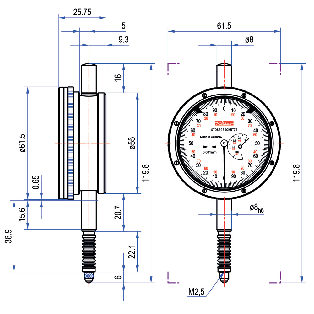 Feinmessuhr, Werksnorm, mit Stoßschutz, öl- und wasserdicht, Mb 1 mm Produktbild img2 L