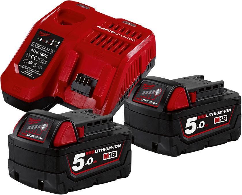 Akku-Starter Set M18 NRG-502 Milwaukee 2x18,0 V 5,0 Ah Ladegerät M12-18FC Karton Produktbild img1 L