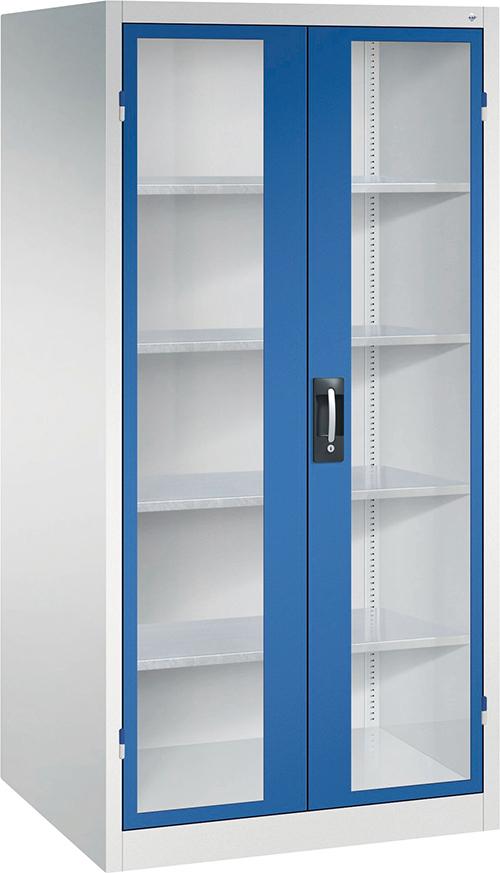 Flügeltürenschrank XXL B930xT800xH1950 mm RAL 7035/5012,4Fachböden Türen mit Sichtfenster Produktbild img1 L