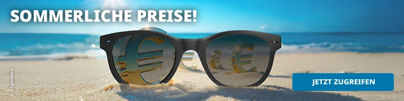 Im Hintergrund Sonnenbrille im Sand. Oben links Text "Sommerliche Preise!" unten rechts Button "Jetzt Zugreifen".