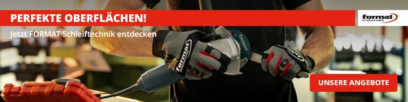 Person mit einem Schleifgerät in der Hand im Hintergrund, oben im Bild Text Perfekte Oberflächen und Premium format Logo. Darunter Text Jetzt FORMAT Schleiftechnik entdecken. Unten rechts Button "Unsere Angebote".