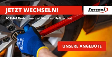 Autoreifen im Hintergrund, oben im Bild Text Jetzt wechseln! und Premium format Logo. Darunter Text FORMAT Drehmomentschlüssel mit Prüfzertifikat. Unten rechts Button "Unsere Angebote".