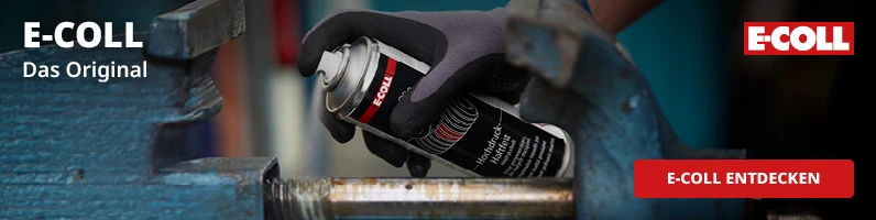 E-COLL Sprühdose im Einsatz bei Wartungsarbeiten, Produkt wird auf Metallteil aufgesprüht