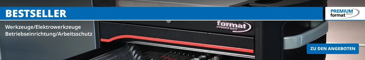 Werkzeugschrank im Hintergrund, oben im Bild Text Beststeller und Premium format Logo. Darunter Text Werkzeuge/Elektrowerkzeuge/Betriebseinrichtung/Arbeitsschutz. Unten rechts Button "zu den Angeboten".