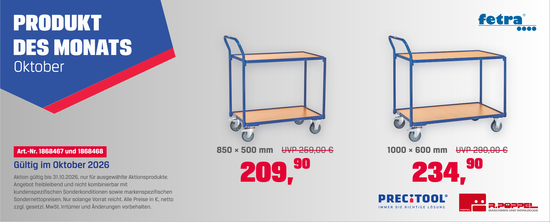 Produkt des Monats Oktober 2026: FETRA Leichter Tischwagen, 2 Böden, 300 kg, ab 209,90 € netto bei Pöppel Memmingen.