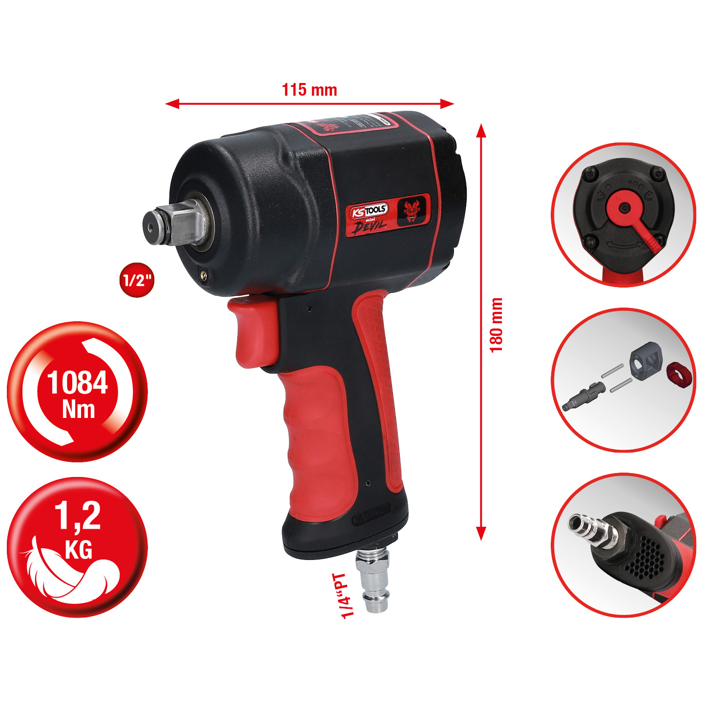 1/2" THE miniDEVIL Hochleistungs-Druckluft-Schlagschrauber, 1084Nm Produktbild img2 L