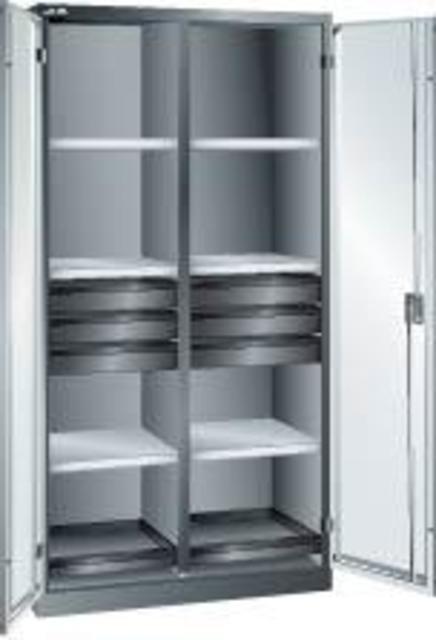 Flügeltürenschrank LISTA, mit 6 Verstellböden, 4 Auszugsböden, 6 Schubladen je 95 mm und 1 Trennwand (mittig) Produktbild img1 L