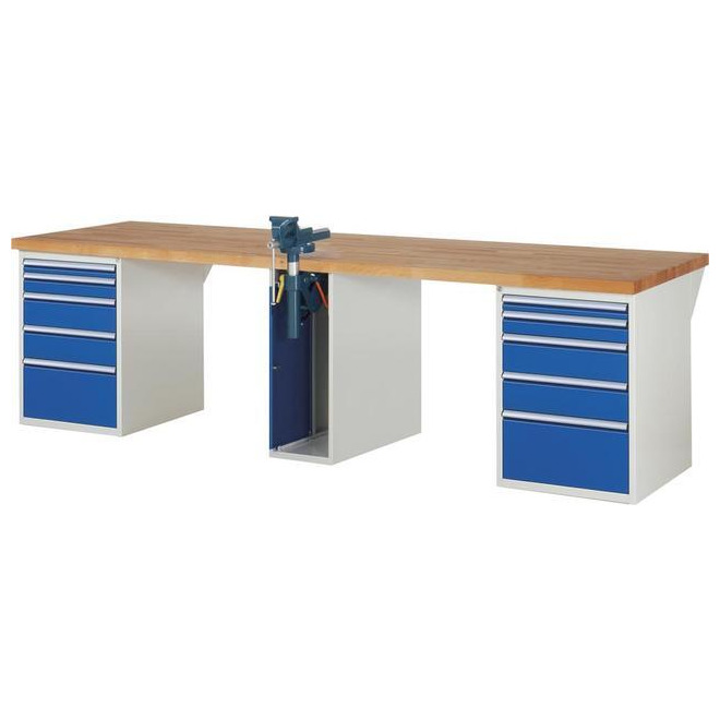 Werkbank RAU, Serie 7000, Tiefe 900 mm, 10 Schubladen, 1 Schraubstockschrank Produktbild img1 L