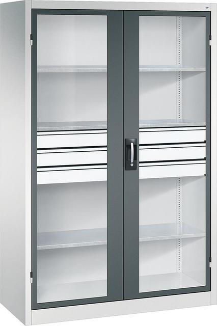 Schwerlastschrank, C+P, mit Flügeltüren und Schubladenblock mittig, RAL 7035/7016 Produktbild img1 L