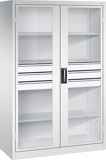 Schwerlastschrank, C+P, mit Flügeltüren und Schubladenblock mittig, RAL 7035/7035 Produktbild img1 L