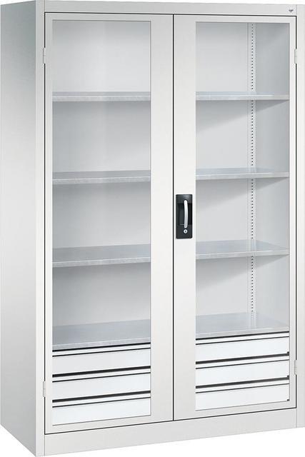 Schwerlastschrank, C+P, mit Flügeltüren und Schubladenblock unten, RAL 7035/7035 Produktbild img1 L