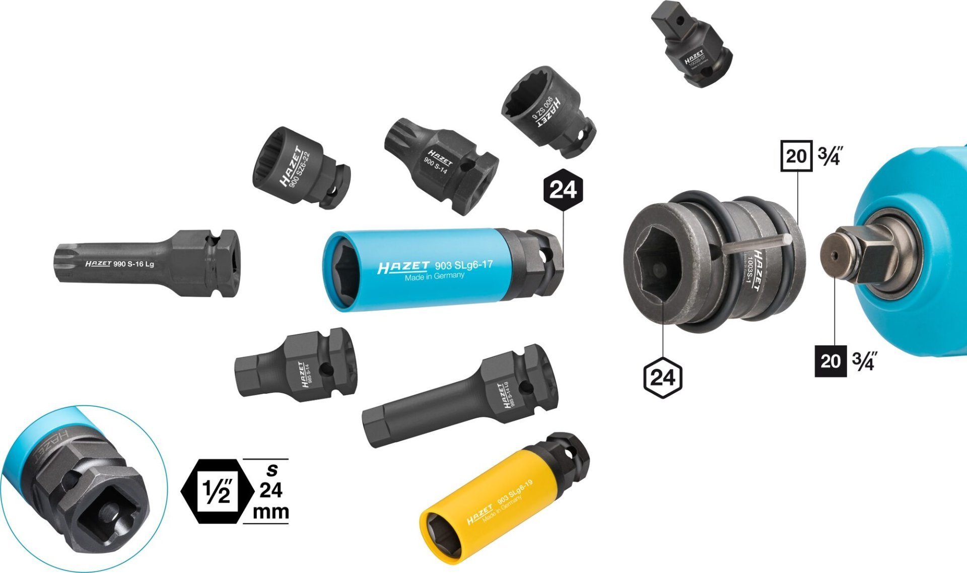 HAZET Schlag-, Maschinenschrauber Adapter 1003S-1 ∙ 3/4 Zoll (20 mm) Vierkant hohl ∙ Innen Sechskant Profil ∙ Länge: 54 mm Produktbild img3 L