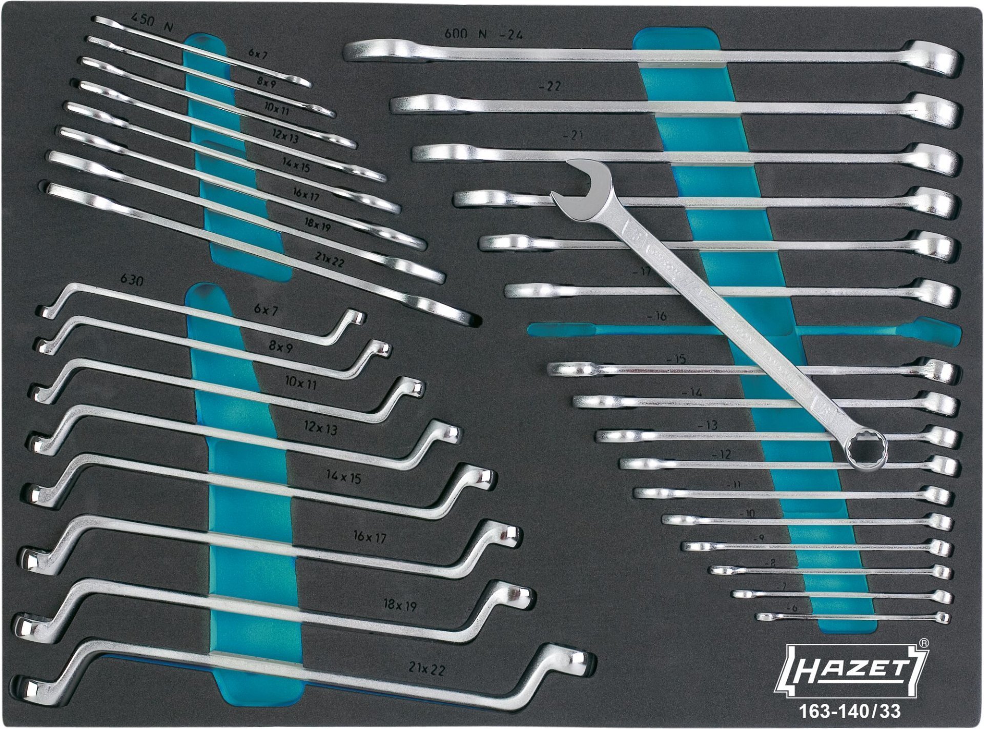 HAZET Schraubenschlüssel Satz 163-140/33 ∙ Außen Doppelsechskant Profil, Außen Doppelsechskant-Tractionsprofil, Außen Sechskant Profil ∙ 33-teilig ∙ 6 – 24 Produktbild img1 L