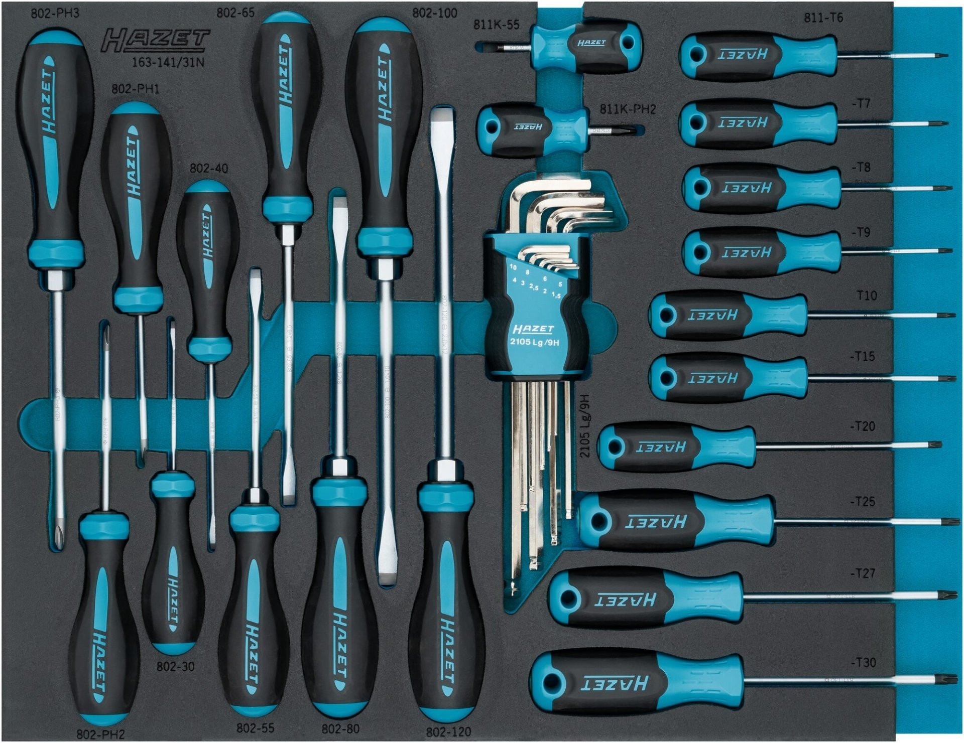 HAZET Schraubendreher Satz 163-141/31N ∙ Kreuzschlitz Profil PH, Innen Sechskant Profil, Schlitz Profil, Innen TORX® Profil ∙ 31-teilig ∙ 1,5 – 10 ∙ PH1 – PH3 ∙ T6 – T30 Produktbild img1 L