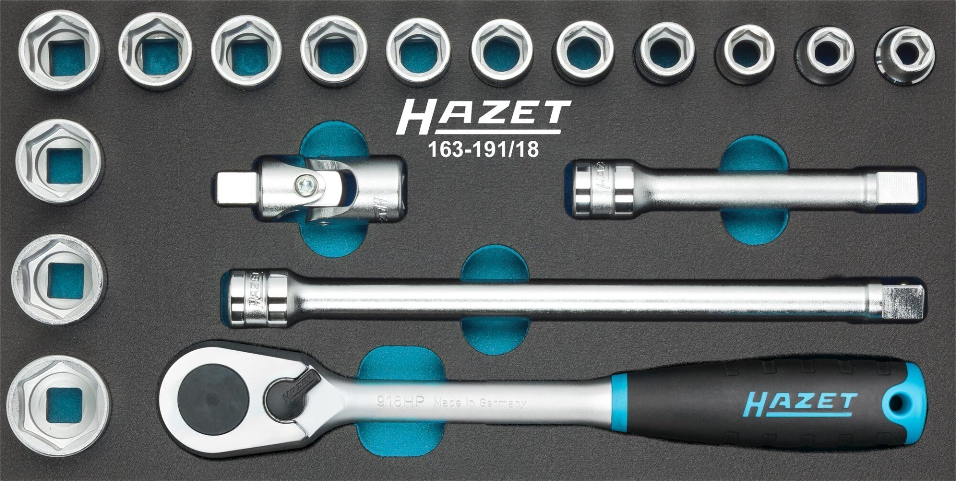 HAZET Steckschlüssel Satz 163-191/18 ∙ 1/2 Zoll (12,5 mm) Vierkant hohl ∙ Außen Sechskant-Tractionsprofil ∙ 18-teilig ∙ 10 – 27 Produktbild img1 L