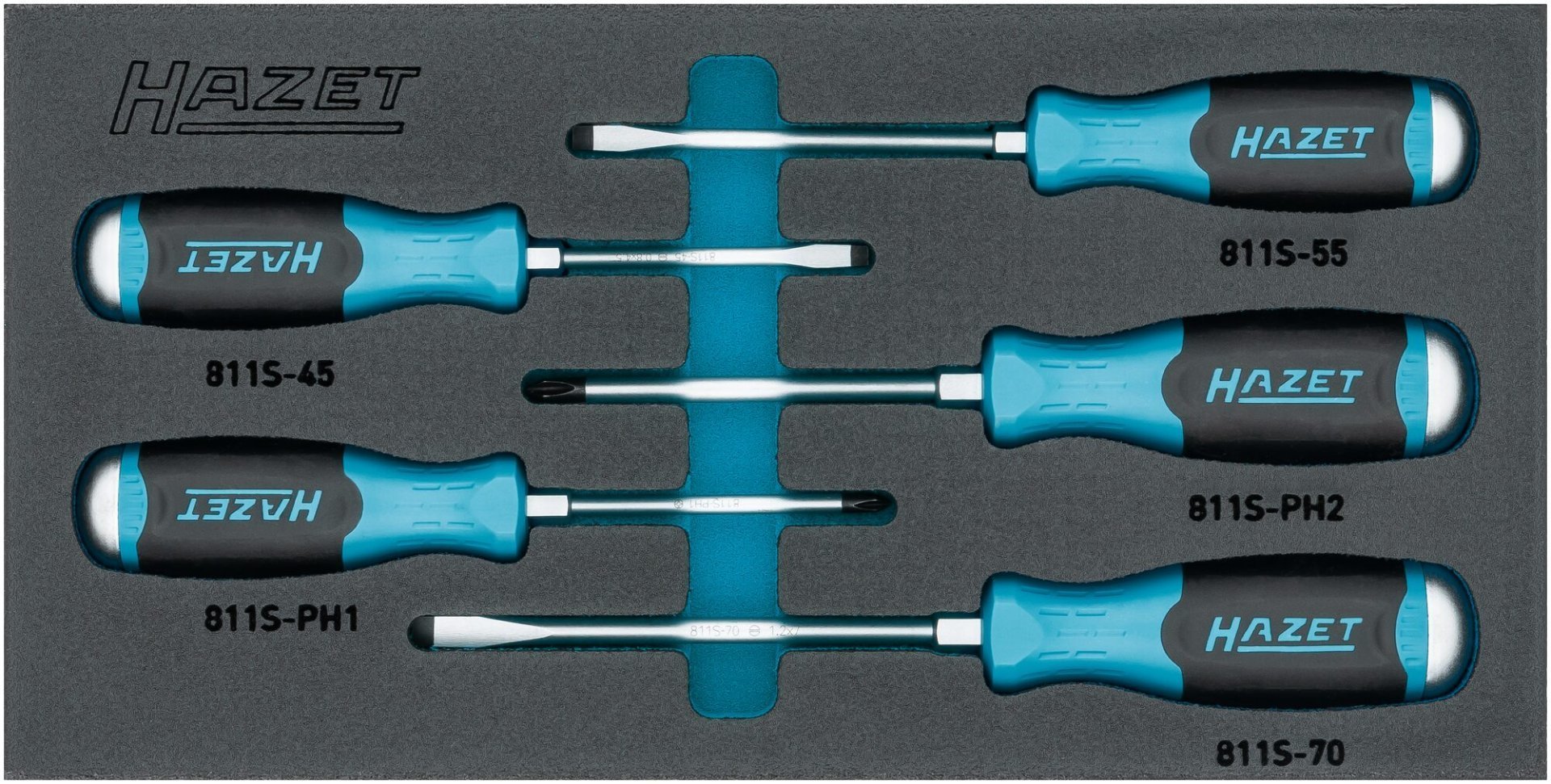 HAZET Schraubendreher Satz ∙ mit Schlagkappe 163-264/5N ∙ Kreuzschlitz Profil PH, Schlitz Profil ∙ 5-teilig ∙ 0,8 x 4,5 – 1,2 x 7 ∙ PH1 – PH2 Produktbild img1 L