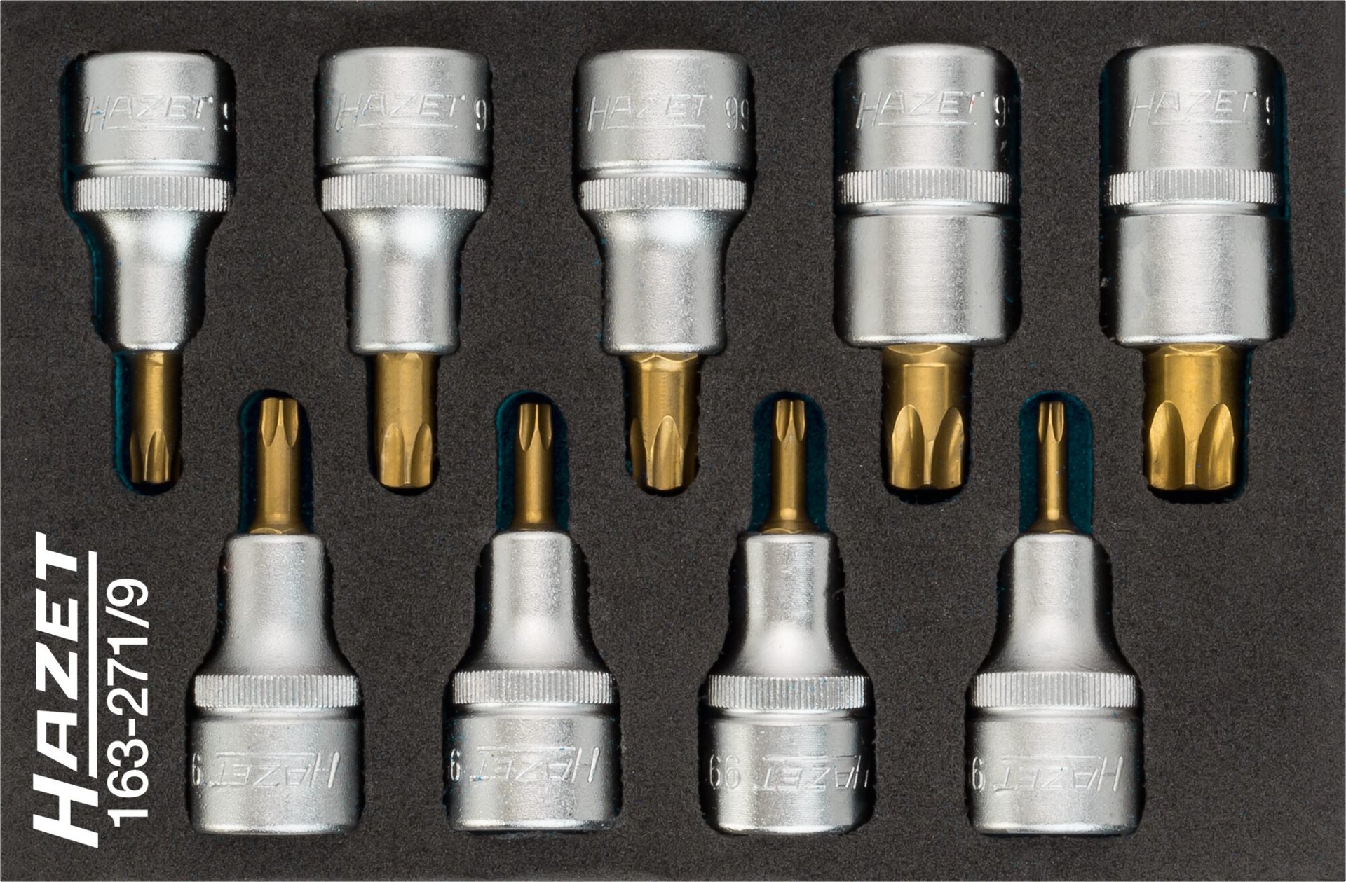 HAZET Schraubendreher-Steckschlüsseleinsatz Satz ∙ TORX® 163-271/9 ∙ 1/2 Zoll (12,5 mm) Vierkant hohl ∙ Innen TORX® Profil ∙ 9-teilig ∙ T20 – T60 Produktbild img1 L