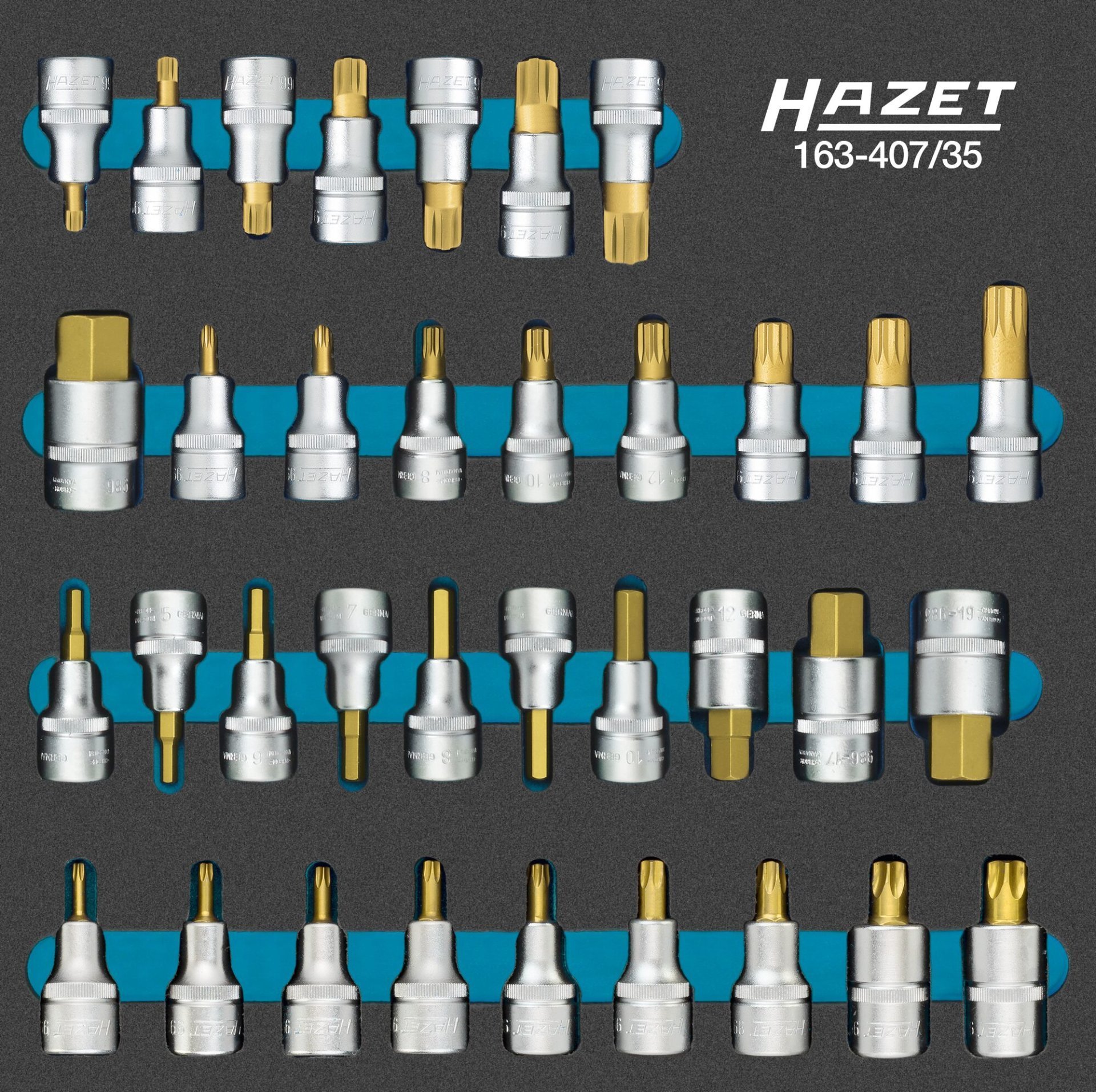 HAZET Schraubendreher-Steckschlüsseleinsatz Satz 163-407/35 ∙ 1/2 Zoll (12,5 mm) Vierkant hohl ∙ Innen Sechskant Profil, Innen Vielzahn Profil XZN, Innen Keilprofil Ribe-CV, Innen TORX® Profil ∙ 35-teilig ∙ 4 – 22 ∙ M5 – M18 ∙ T20 – T60 Produktbild img1 L