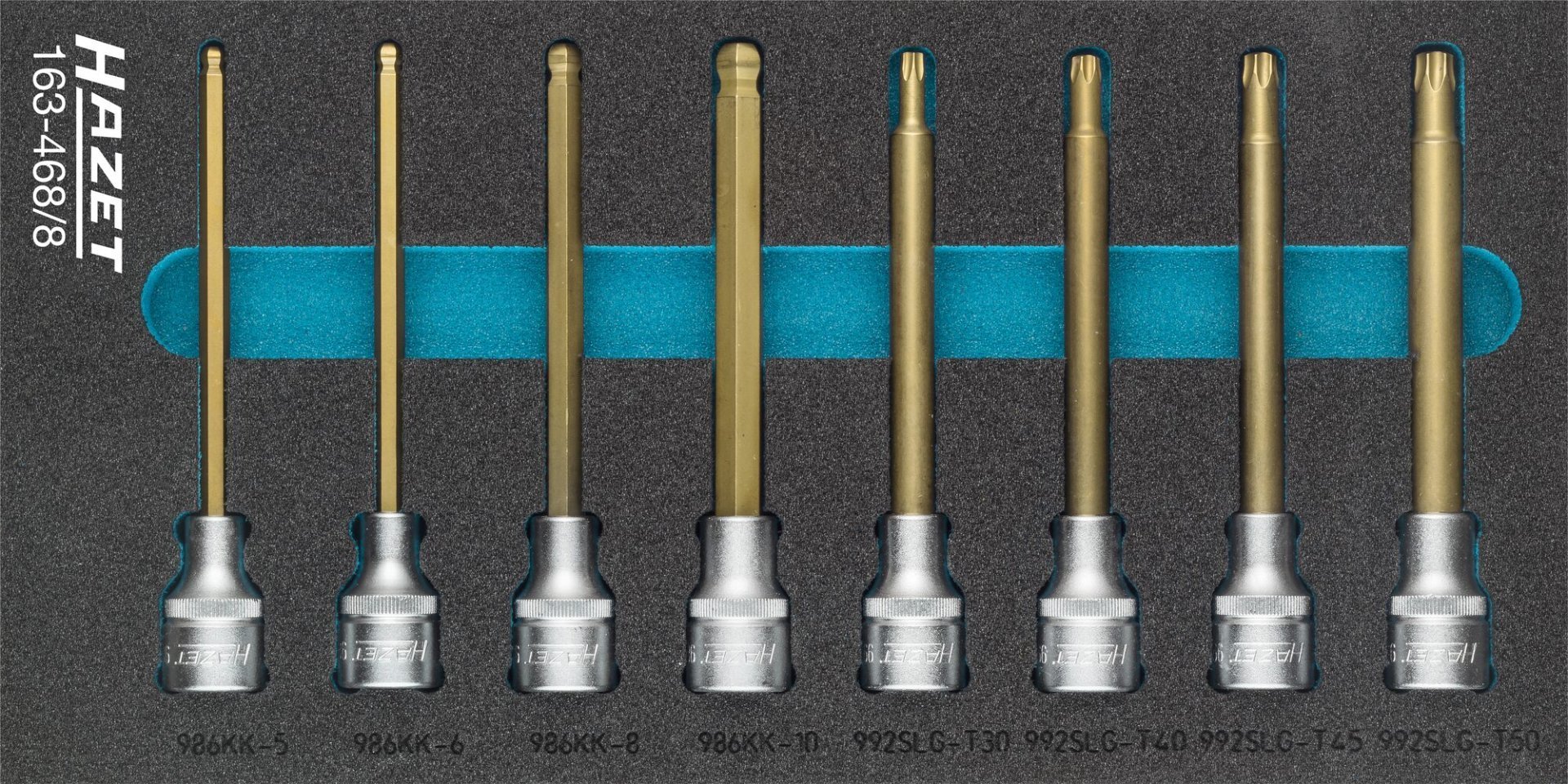 HAZET Schraubendreher-Steckschlüsseleinsatz Satz 163-468/8 ∙ 1/2 Zoll (12,5 mm) Vierkant hohl ∙ Innen Sechskant Profil, Innen TORX® Profil ∙ 8-teilig ∙ 5 ∙ 6 ∙ 8 ∙ 10 ∙ T30 ∙ T40 ∙ T45 ∙ T50 Produktbild img1 L