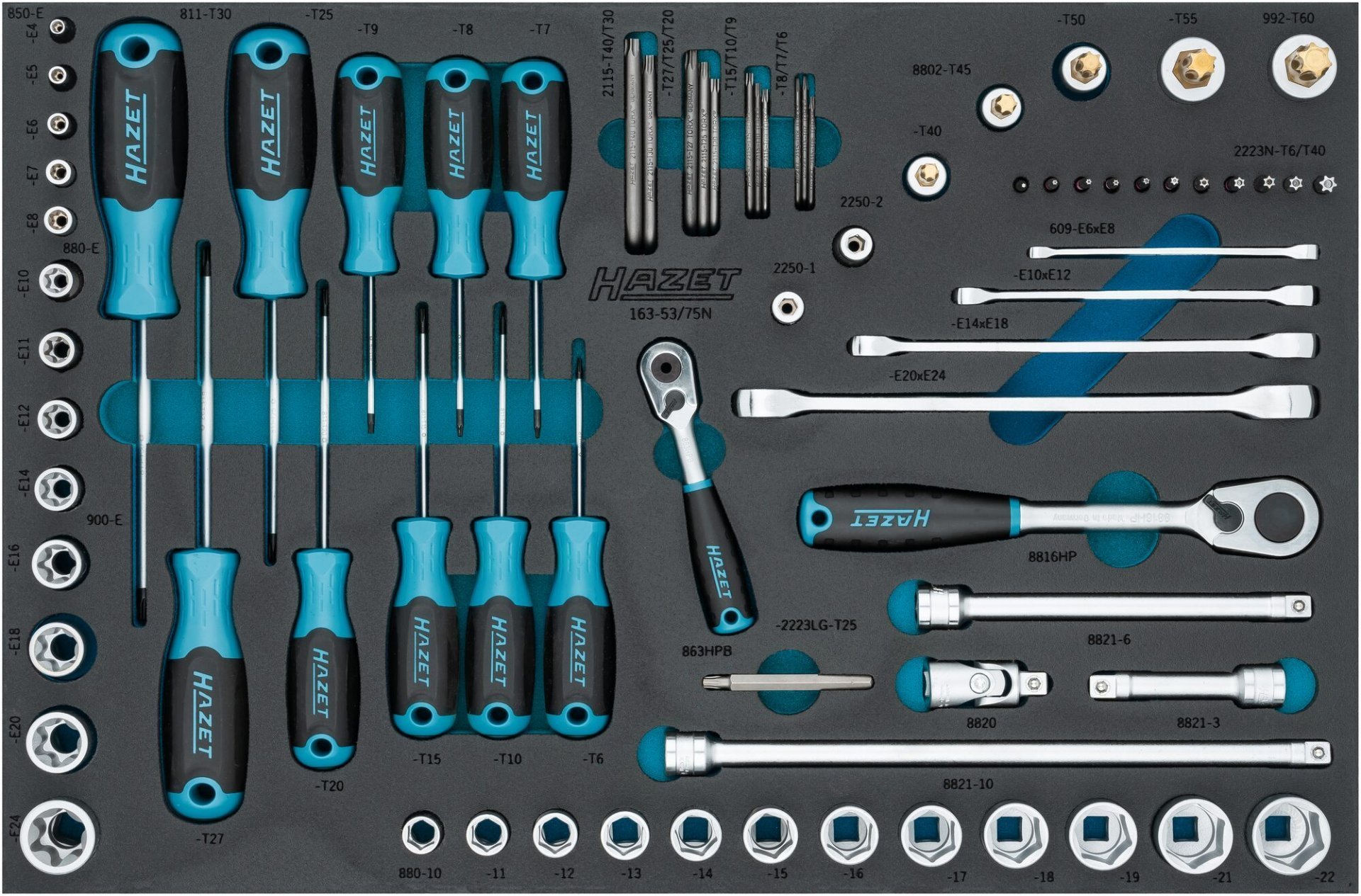 HAZET Steckschlüssel Satz ∙ TORX® Doppel-Ringschlüssel ∙ Steckschlüsseleinsätze usw. 163-53/75N ∙ 1/2 Zoll (12,5 mm) Vierkant hohl, 3/8 Zoll (10 mm) Vierkant hohl, 1/4 Zoll (6,3 mm) Vierkant hohl, 1/4 Zoll (6,3 mm) Sechskant massiv ∙ Außen TORX® Profil, Tamper Produktbild img1 L
