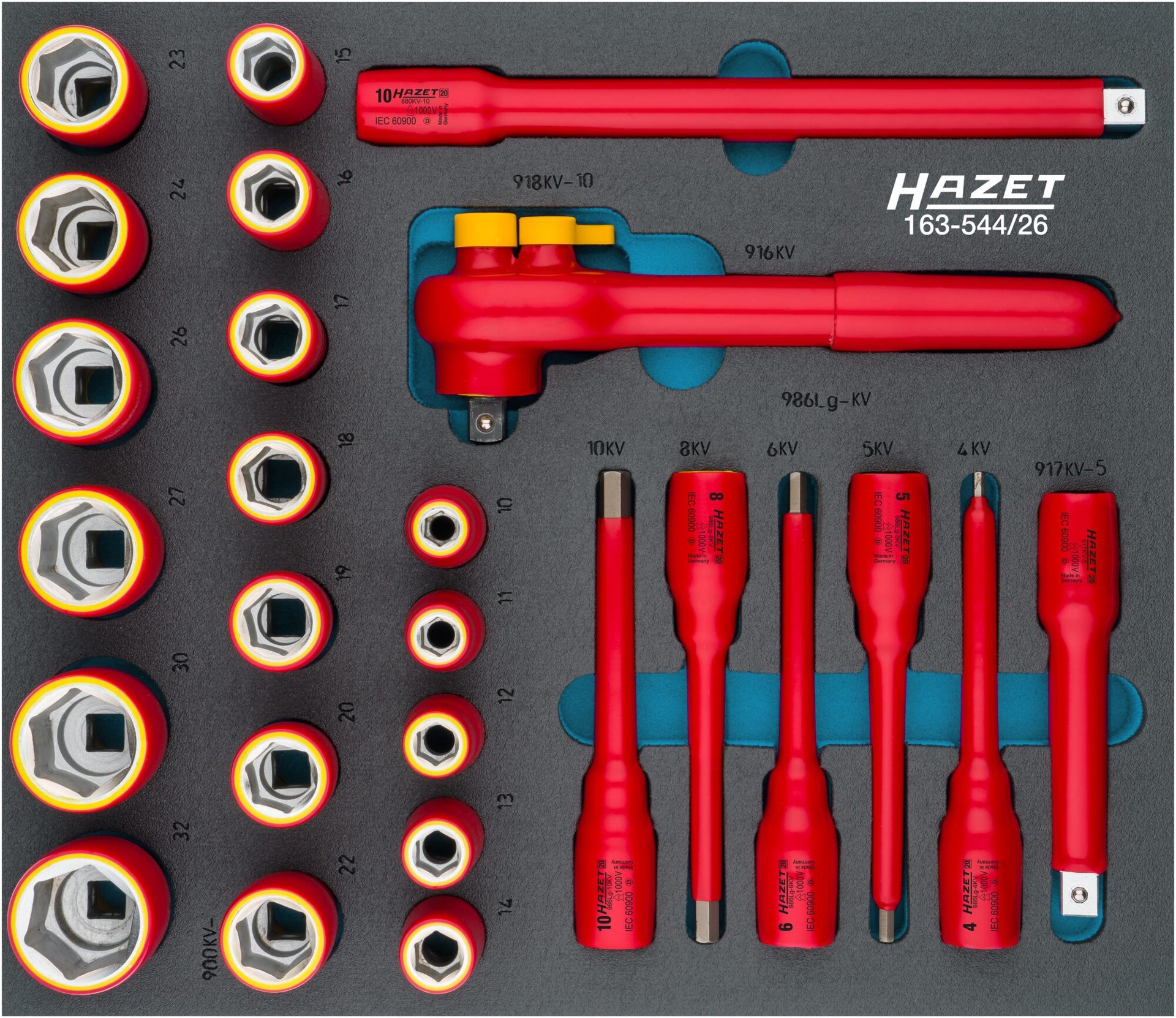 HAZET Steckschlüssel Satz ∙ schutzisoliert 163-544/26 ∙ 1/2 Zoll (12,5 mm) Vierkant hohl ∙ Außen Sechskant-Tractionsprofil, Innen Sechskant Profil ∙ 26-teilig ∙ 10 – 32 Produktbild img1 L