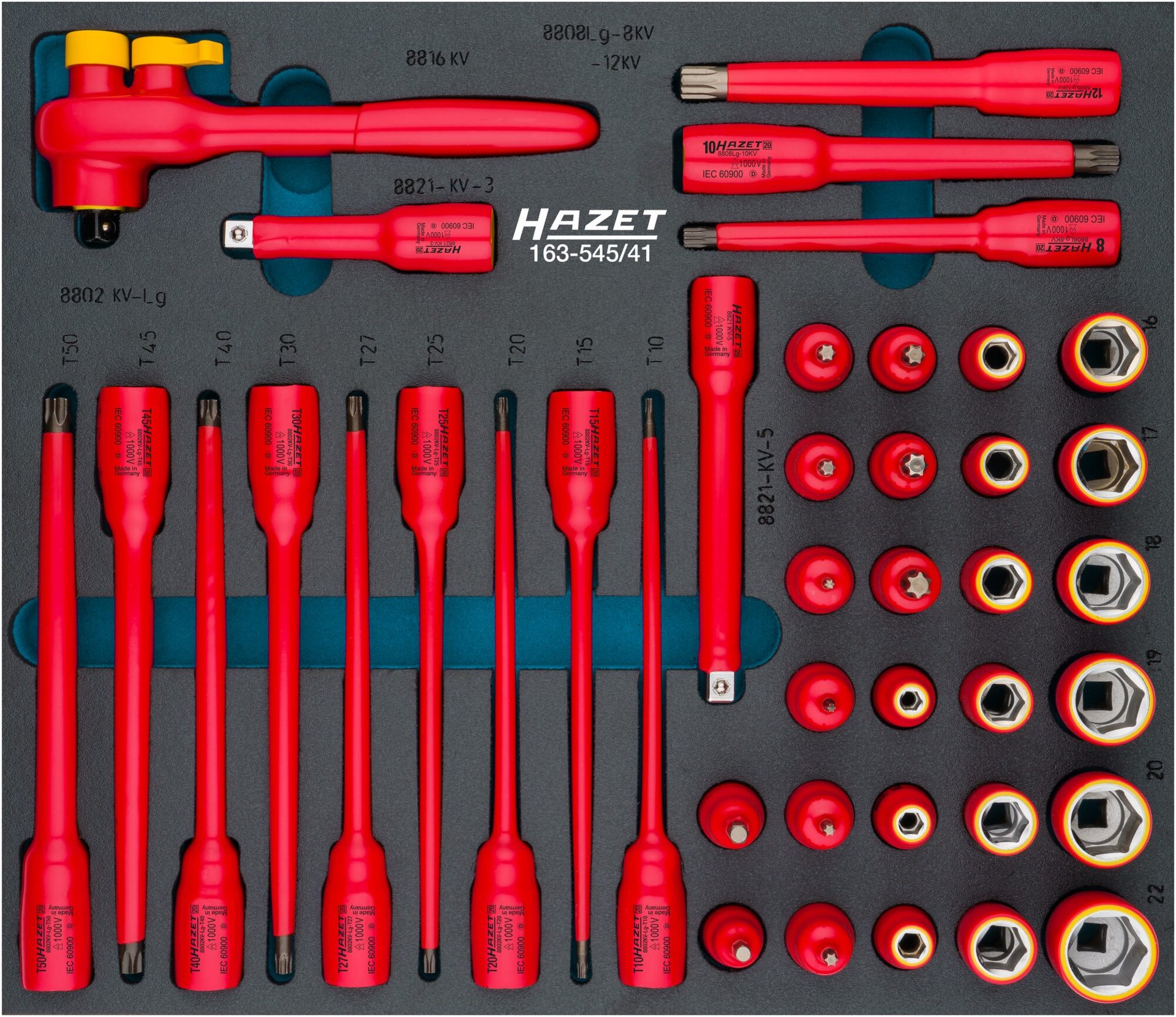 HAZET Steckschlüssel Satz ∙ schutzisoliert 163-545/41 ∙ 3/8 Zoll (10 mm) Vierkant hohl ∙ Außen Sechskant-Tractionsprofil, Innen TORX® Profil, Innen Sechskant Profil, Innen Vielzahn Profil XZN ∙ 41-teilig ∙ 5 – 22 ∙ M8 – M12 ∙ T10 – T50 Produktbild img1 L