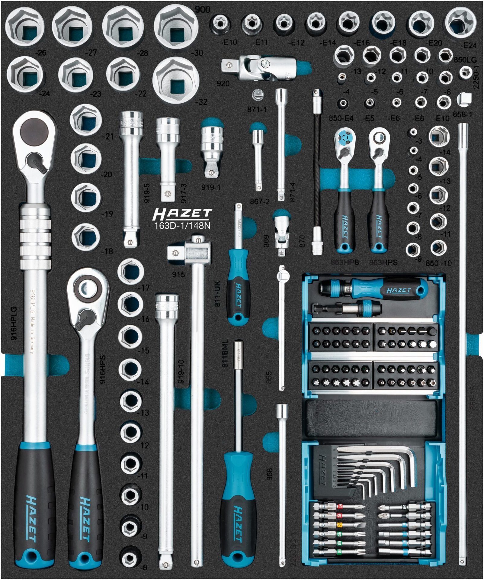 HAZET Steckschlüssel Satz 163D-1/148N ∙ 1/4 Zoll (6,3 mm) Sechskant massiv, 1/4 Zoll (6,3 mm) Vierkant hohl, 1/2 Zoll (12,5 mm) Vierkant hohl ∙ Außen TORX® Profil, Innen TORX® Profil, Außen Sechskant-Tractionsprofil, Pozidriv Profil PZ, Kreuzschlitz Profil PH, Produktbild img1 L