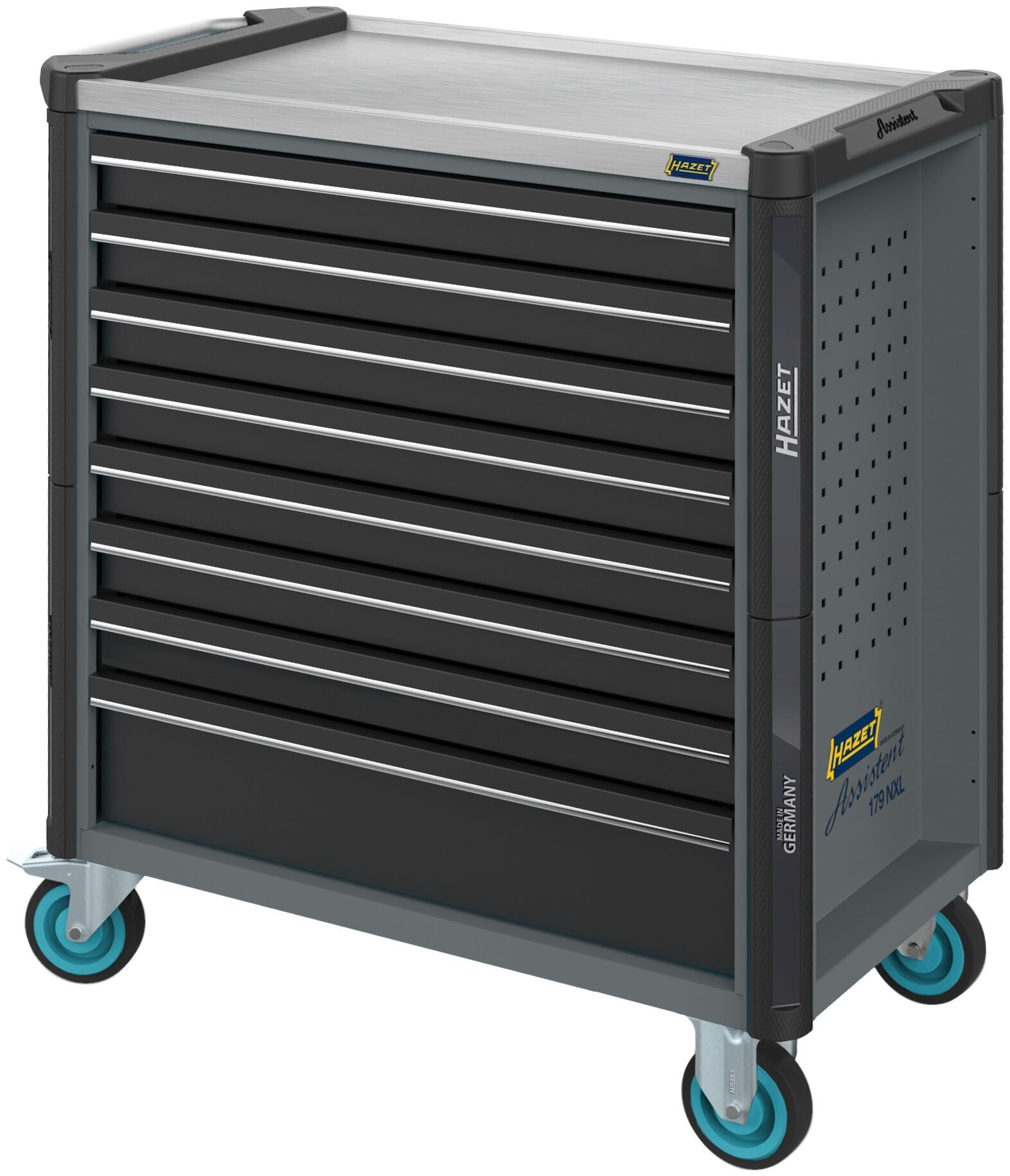 HAZET Werkstattwagen Assistent 179NXL ∙ einzeln 179NXL-8-VW ∙ L x B x H: 959 mm x 518 mm x 1020 mm ∙ Schubladen, flach: 7× 81 x 696 x 398 mm ∙ Schubladen, hoch: 1× 166 x 696 x 398 mm Produktbild img3 L