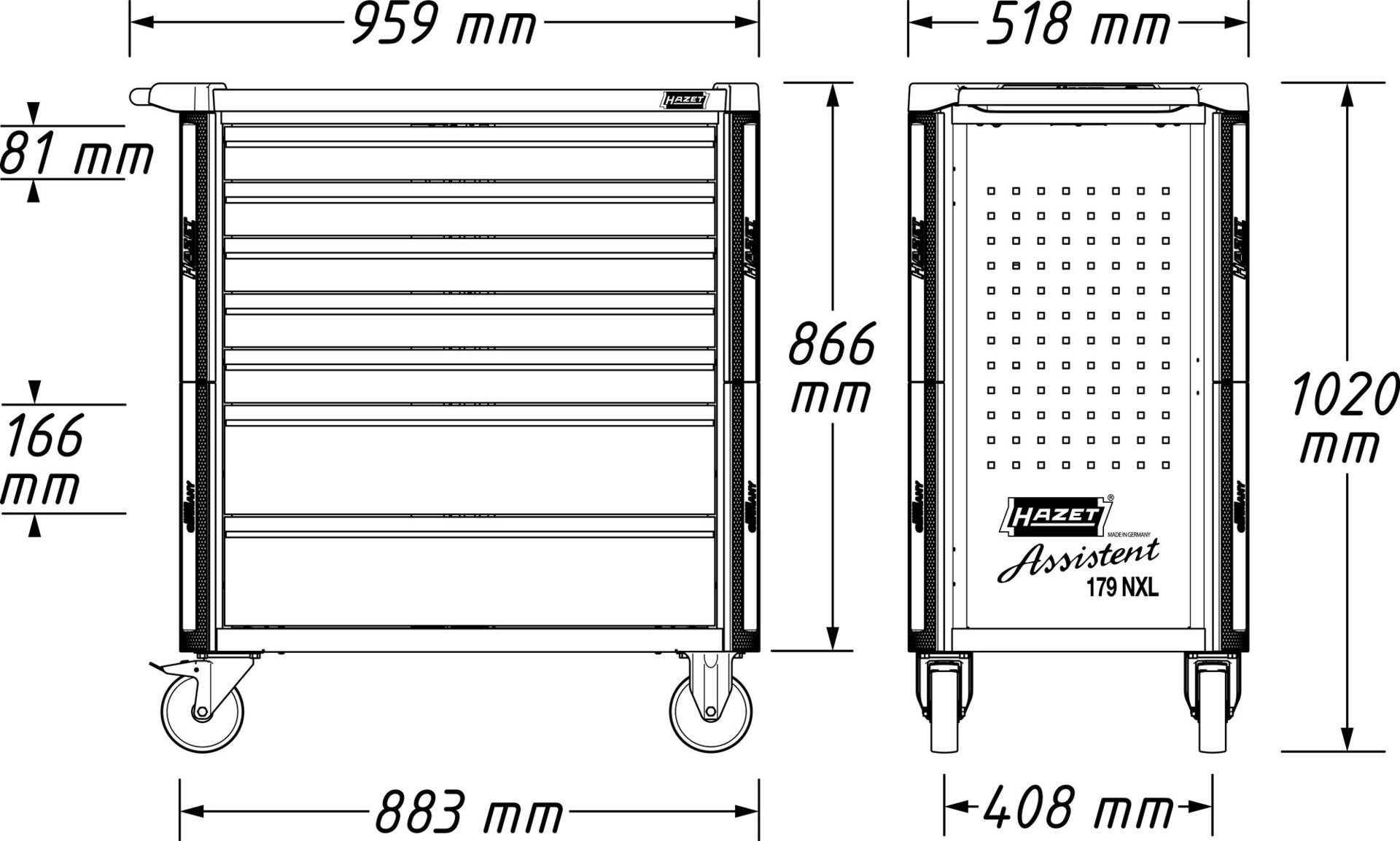 HAZET Werkstattwagen Assistent 179NXL ∙ einzeln 179NXL-8-VW ∙ L x B x H: 959 mm x 518 mm x 1020 mm ∙ Schubladen, flach: 7× 81 x 696 x 398 mm ∙ Schubladen, hoch: 1× 166 x 696 x 398 mm Produktbild img4 L