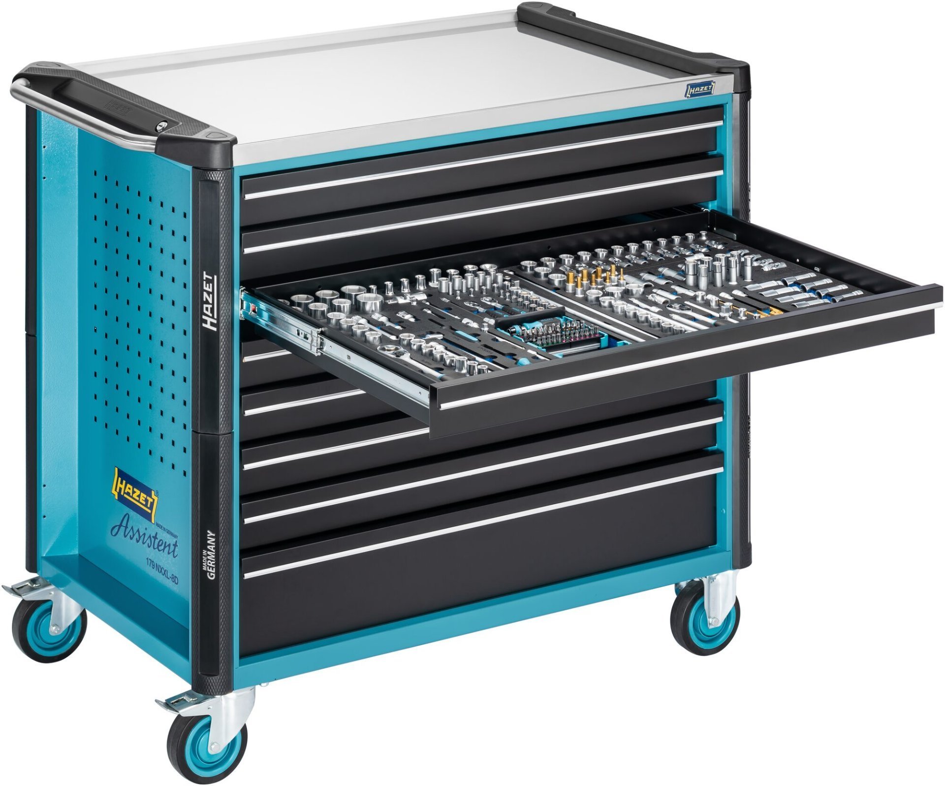 HAZET Werkstattwagen Assistent 179NXXL-8D ∙ L x B x H: 1133 mm x 642 mm x 1020 mm ∙ Schubladen, flach: 7× 81 x 870 x 522 mm ∙ Schubladen, hoch: 1× 166 x 870 x 522 mm Produktbild img6 L