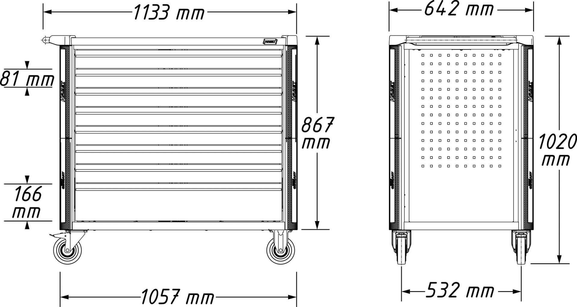 HAZET Werkstattwagen Assistent 179NXXL-8D ∙ L x B x H: 1133 mm x 642 mm x 1020 mm ∙ Schubladen, flach: 7× 81 x 870 x 522 mm ∙ Schubladen, hoch: 1× 166 x 870 x 522 mm Produktbild img10 L